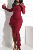 Sexy Solid Color Lace Ruffled Trim Off Shoulder Irregular Dresses