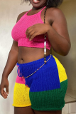 Sexy Colorblock Backless Strap Design Halter Sleeveless Two Pieces