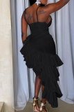 Sexy Solid Color Ruffled Trim Irregular Hem Spaghetti Strap Irregular Dresses