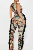 Sexy Print Fringed Trim Spaghetti Strap Skinny Jumpsuits