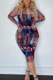 Sexy Print Patchwork O Neck Wrapped Skirt Plus Size Dresses