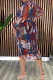 Sexy Print Patchwork O Neck Wrapped Skirt Plus Size Dresses