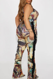 Sexy Print Fringed Trim Spaghetti Strap Skinny Jumpsuits