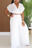Casual Solid Color Patchwork V Neck Short Sleeve Two Pieces