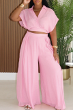 Casual Solid Color Patchwork V Neck Short Sleeve Two Pieces