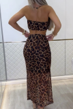 Sexy Leopard Print Hollow Out Strapless Long Dresses