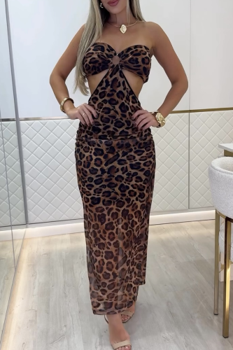 Sexy Leopard Print Hollow Out Strapless Long Dresses
