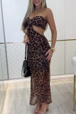 Sexy Leopard Print Hollow Out Strapless Long Dresses