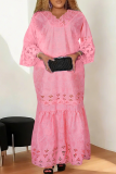 Casual Solid Color Lace Zipper V Neck Long Plus Size Dresses