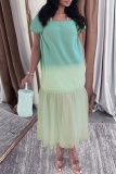 Blue Gradient Off Shoulder Lantern Sleeve Casual Fitted Mesh Denim Maxi Dresses