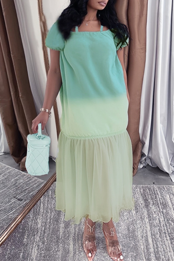 Blue Gradient Off Shoulder Lantern Sleeve Casual Fitted Mesh Denim Maxi Dresses