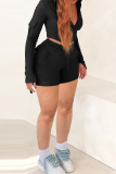 Casual Solid Color Pocket Zipper Hooded Long Sleeve Two Pieces
