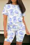 Casual Print Patchwork O Neck Short Sleeve Two Pieces