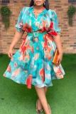 Elegant Print Cross Straps With Belt Turndown Collar Long Plus Size Dresses