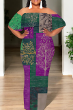Casual Print Patchwork Off Shoulder Long Dresses