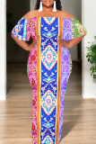 Casual Print Patchwork Off Shoulder Long Dresses