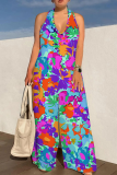 Casual Print Backless Halter Loose Jumpsuits