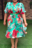 Elegant Print Cross Straps With Belt Turndown Collar Long Plus Size Dresses