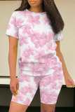 Casual Print Patchwork O Neck Short Sleeve Two Pieces
