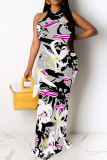 Casual Print Patchwork O Neck Long Dresses