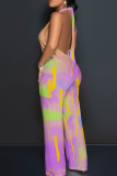 Casual Print Backless Halter Loose Jumpsuits