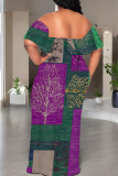 Casual Print Patchwork Off Shoulder Long Dresses