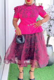 Elegant Print With Belt Mandarin Collar Plus Size Dresses