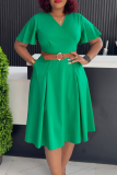 Elegant Solid Color Pocket With Belt V Neck Long Dresses