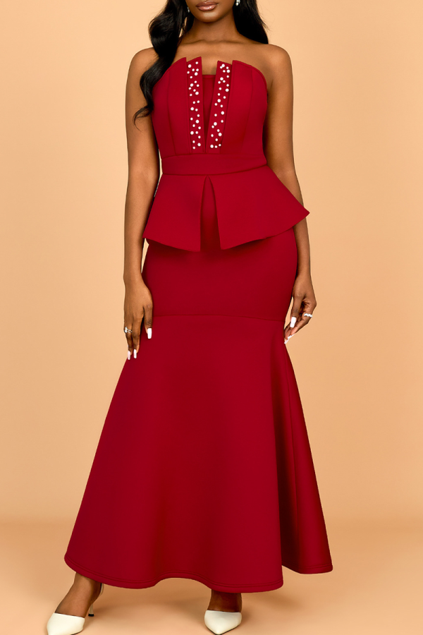 Sexy Solid Color Slit Beading Strapless Evening Dresses