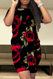 Casual Print Patchwork O Neck Short Sleeve Two Pieces
