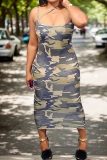 Sexy Camouflage Print Patchwork Spaghetti Strap Long Plus Size Dresses