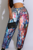 Casual Print Patchwork Loose Mid Waist Conventional Full Print Bottoms