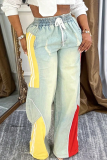Casual Draw String Pocket Contrast Mid Waist Loose Denim Jeans