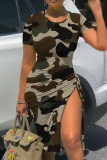 Sexy Camouflage Print Slit Ruched O Neck Wrapped Skirt Plus Size Dresses