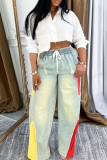 Casual Draw String Pocket Contrast Mid Waist Loose Denim Jeans