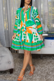 Purple Floral Print Button up Long Sleeve Ruffle Hem Loose Casual Vacation Midi Shirt Dresses