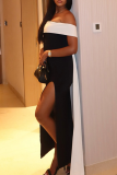 Sexy Slit Contrast Strapless Long Dresses
