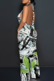 Casual Print Backless Halter Loose Jumpsuits