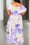 Casual Print Patchwork Off Shoulder Long Plus Size Dresses