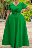 Elegant Solid Color Ruched With Belt V Neck Long Dresses