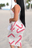 Sexy Print Patchwork U Neck Wrapped Skirt Dresses