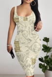 Sexy Print Patchwork U Neck Wrapped Skirt Dresses