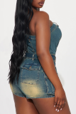 Sexy Solid Color Distressed Pocket Strapless Skinny Denim Jumpsuits