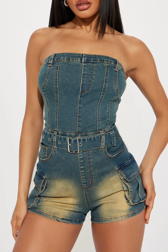 Sexy Solid Color Distressed Pocket Strapless Skinny Denim Jumpsuits