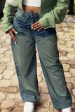 Casual Solid Color Patchwork Mid Waist Loose Denim Jeans