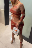 Sexy Print O Neck Long Sleeve Two Pieces