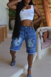 Casual Solid Color Pocket Zipper Mid Waist Loose Denim Shorts