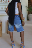 Casual Solid Color Pocket Zipper Mid Waist Loose Denim Shorts