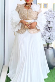 Elegant Solid Color With Belt Pleated Flounce V Neck Plus Size Two Pieces