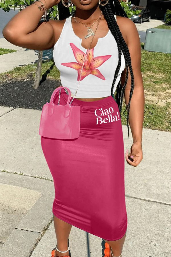 Sexy Print Patchwork V Neck Sleeveless Two Pieces